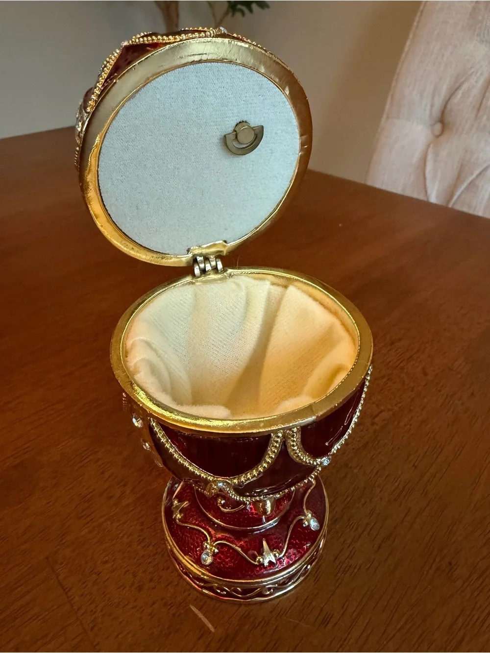 Russian-Styled Red Enamel Fabergé Decorative Egg Trinket Music Box
